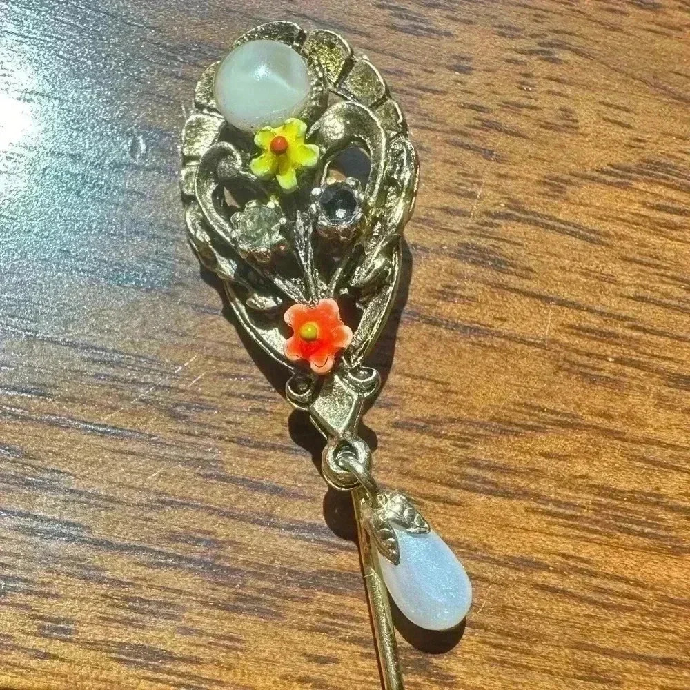 Vintage signed art stick Multicolored Floral Rhinestone